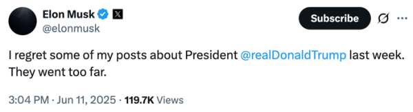富明配资 马斯克深夜反悔：不该对特朗普说那么过分的话